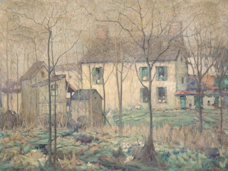 1865-Charles Basing - Paesaggio rurale con villaggio e oche